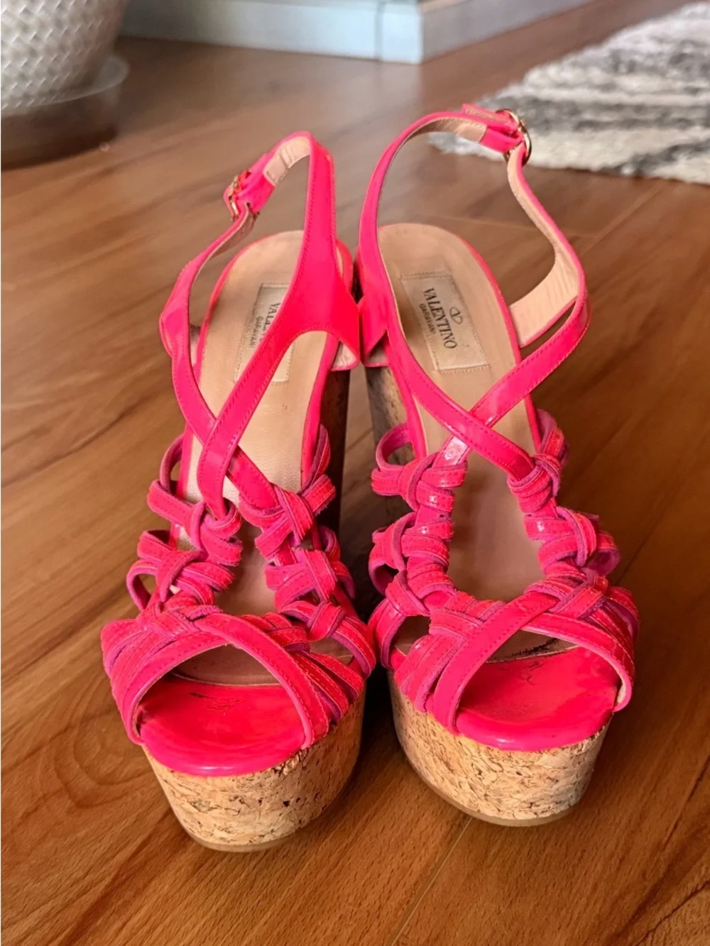 Valentino Garavani Hot Pink Patent Cork Wedge Sandals 38